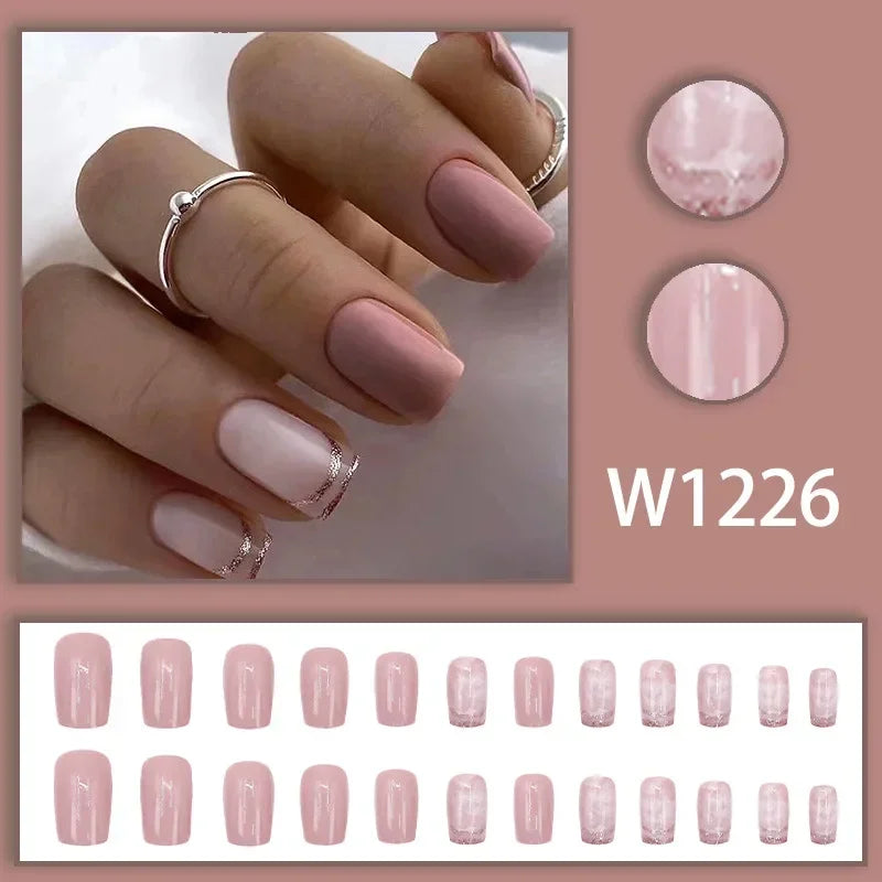 Black Ink Style Fake Nail with Jelly sticker Press on False Nails Wearable Round Head Oval Full Cover Nail Tips