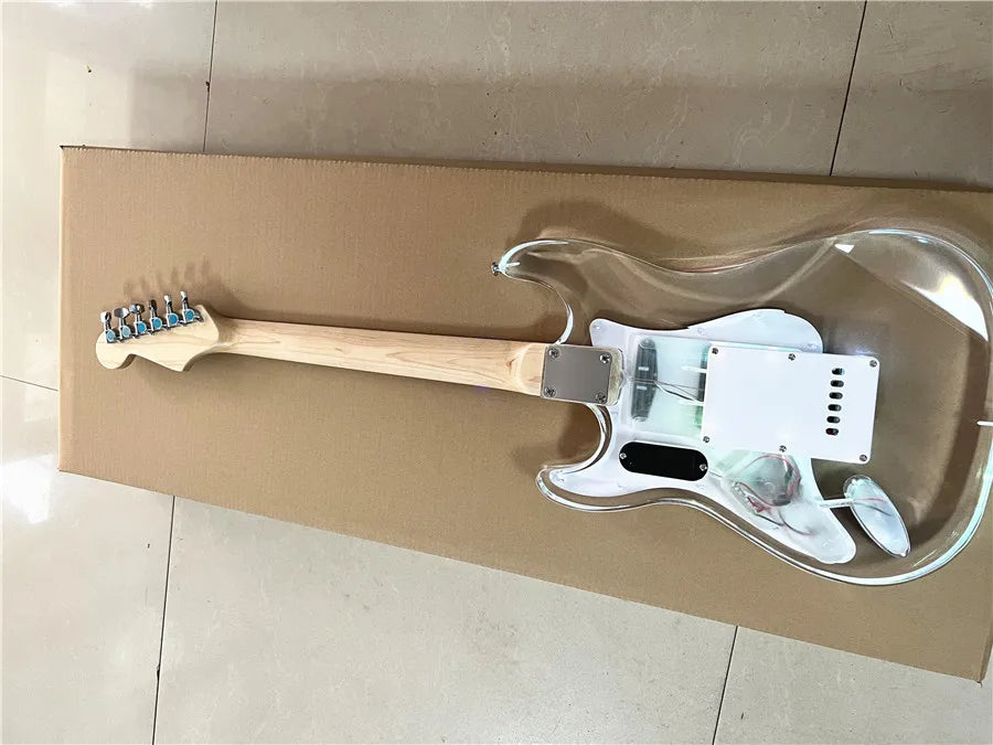 High quality classic acrylic clear Plexiglas crystal 6-string electric guitar with colored lights maple neck Free shipping