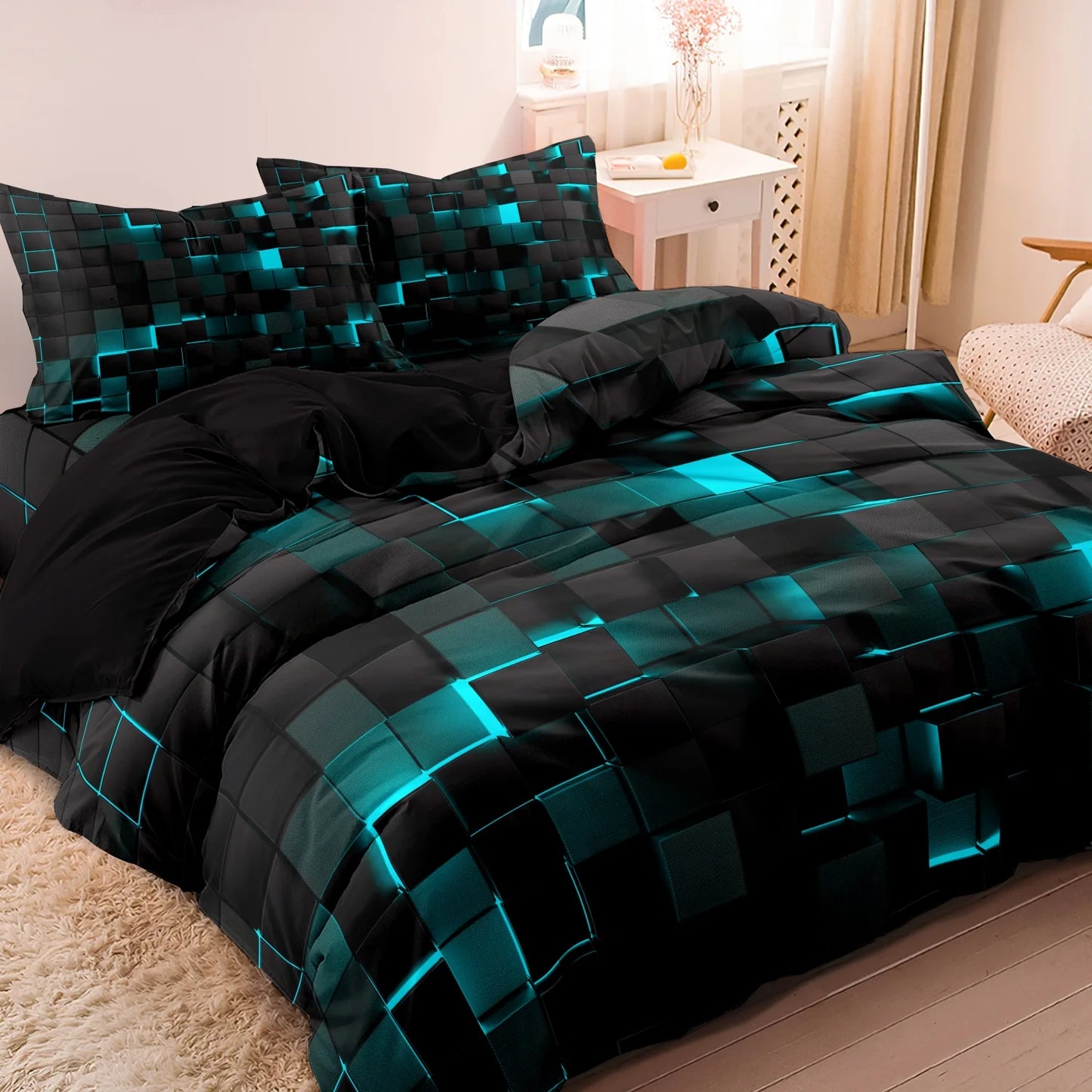 3pcs Luxurious Geometric Grid Plaid Print Soft Comfortable Duvet Cover Bedding Set Included 1*Duvet Cover & 2*Pillowcases