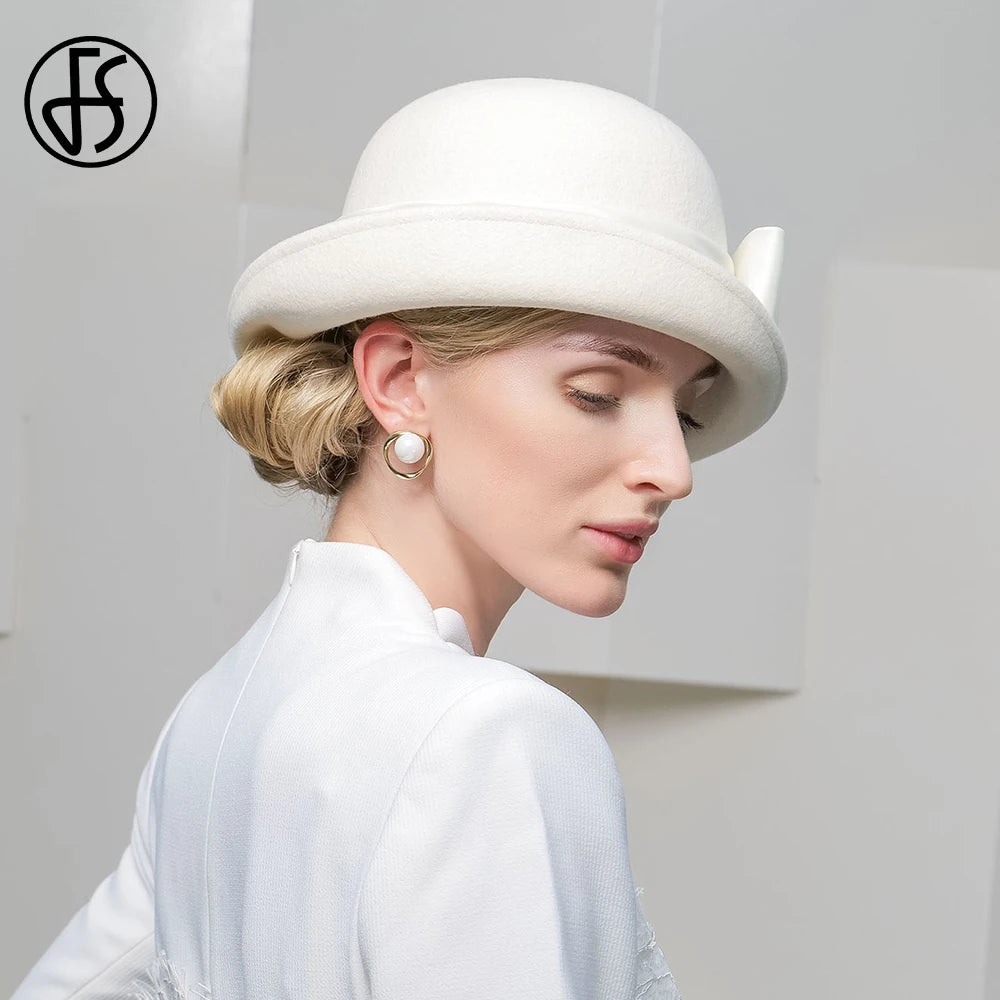 Wool Felt Fedoras Hats for Women Ladies White Black Elegant Curl Brim Top Hat for Wedding Bride Formal Church Cocktail Tea Party