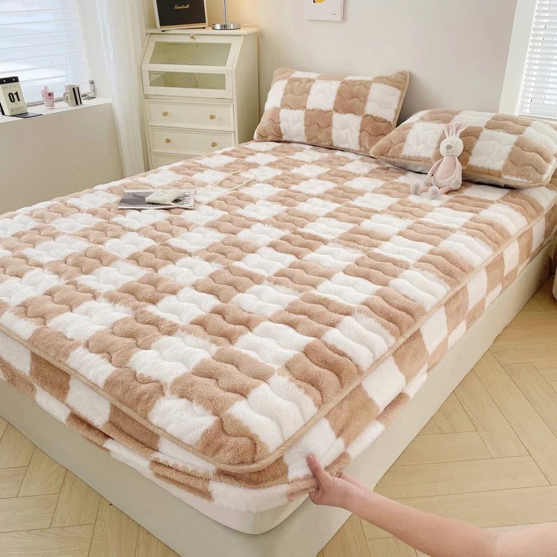 Arctic Velvet Mattress Cover Pad Checkerboard Series Soybean Antibacterial Cotton Fitted Sheet Double Bed Dust Mite Queen Size