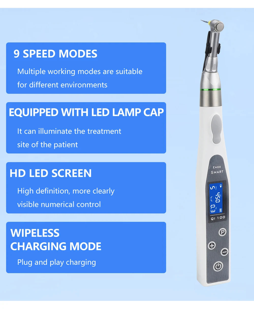 Dental Wireless Endo Motor Smart 9 Programs with LED Lamp and 16:1 Reduction Contra Angle Endodontic Instrument