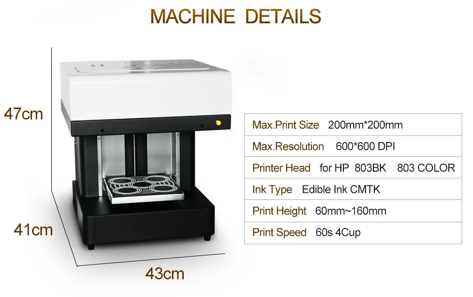 Automatic 4 Cups Coffee Printer Art Coffee Printer Food Printing Machine for Cake Cookie Cappuccino Biscuits Macaroon Candies