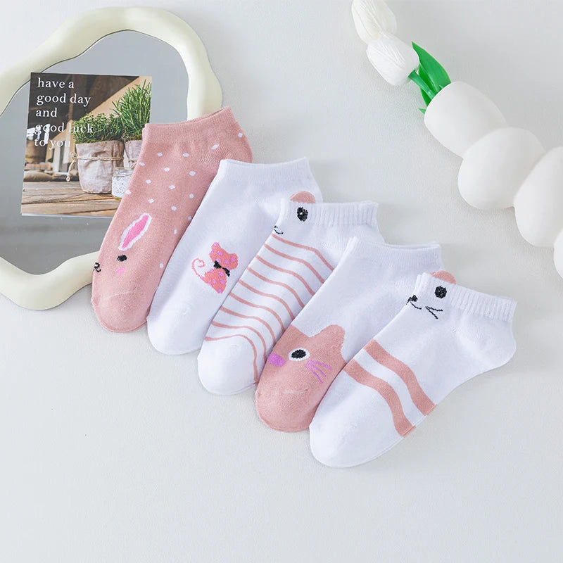5 Pairs of WOMEN'S Short Socks, Pink Cat Thin, Cute All Season Boat Socks, Slow Top, Fashionable Boat Socks