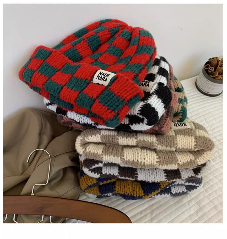 Luxury Brand Chessboard Plaid Knitted Hat Women Winter New Big Size Hat Warm Beanies Skullies Green Red Xmas Christmas Hat