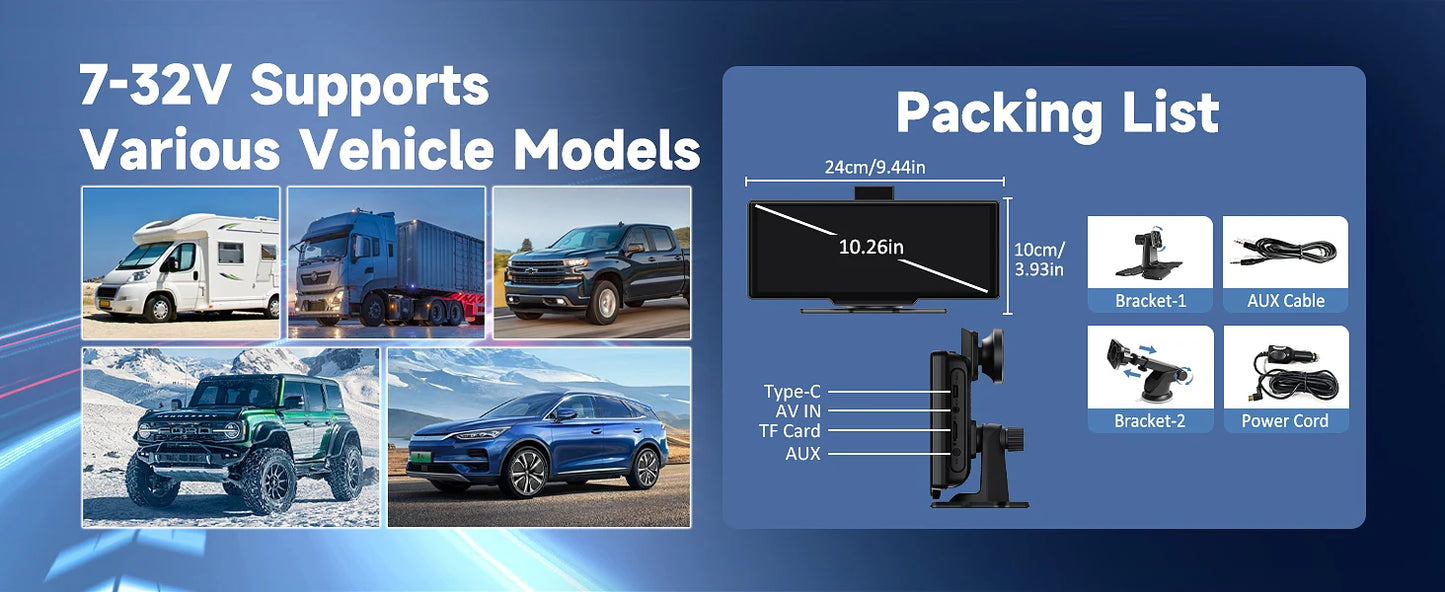 Jansite 10.26" 4K DVR Wireless CarPlay & Android Auto Dash Cam GPS Navigation 24h Park Monitor Night Vision Rear View Mirror