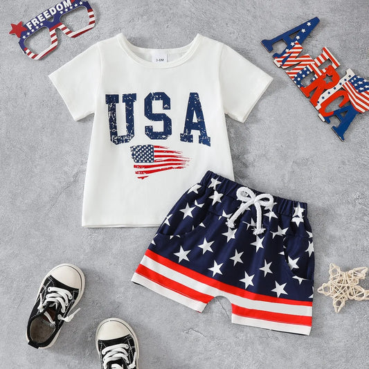 Independence Day USA Flag Element Five-pointed Star Casual Tops and Shorts Two-piece Set for Infants and Children