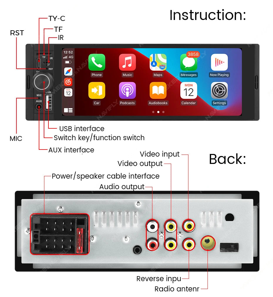 NaviFly 6.86" Wireless CarPlay Android Auto Universal 1 Din Car Radio Multimedia Video MP5 Player FM Stereo Receiver Camera BT