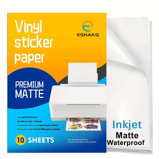ESHANG A4 10 Sheets Premium Printable Vinyl Sticker Paper for Inkjet Printer Matte White Waterproof,Quickly Dry 8.3×11.7 Inches