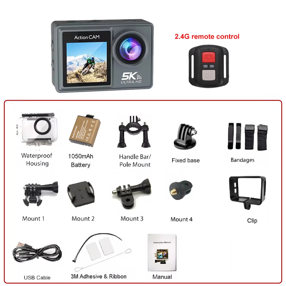 5K Action Camera 4K60FPS Dual IPS Touch LCD WiFi 170° DVR Action Cam 30M Waterproof 5X Zoom Sports Camera With Remote Control