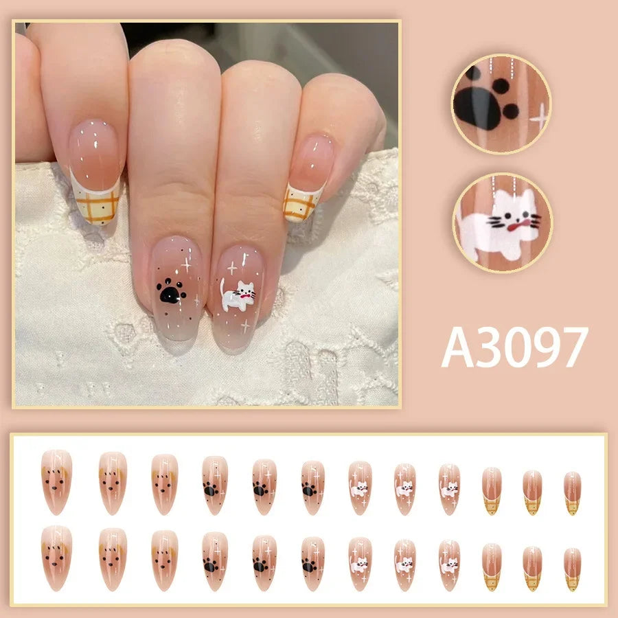 Watercolor Rose Fake Nail with Jelly sticker Press on False Nails Wearable Round Head Oval Full Cover Nail Tips