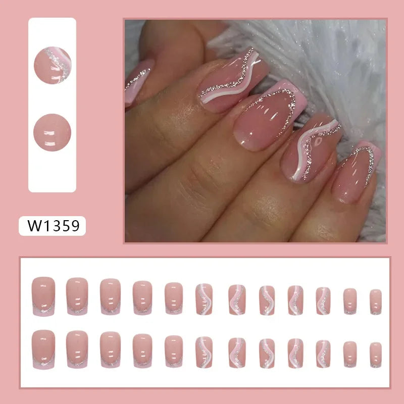 Gold Pink Wine Red 24 Pcs Fake Nail with Jelly sticker Press on False Nails Wearable Round Head Oval Full Cover Nail Tips