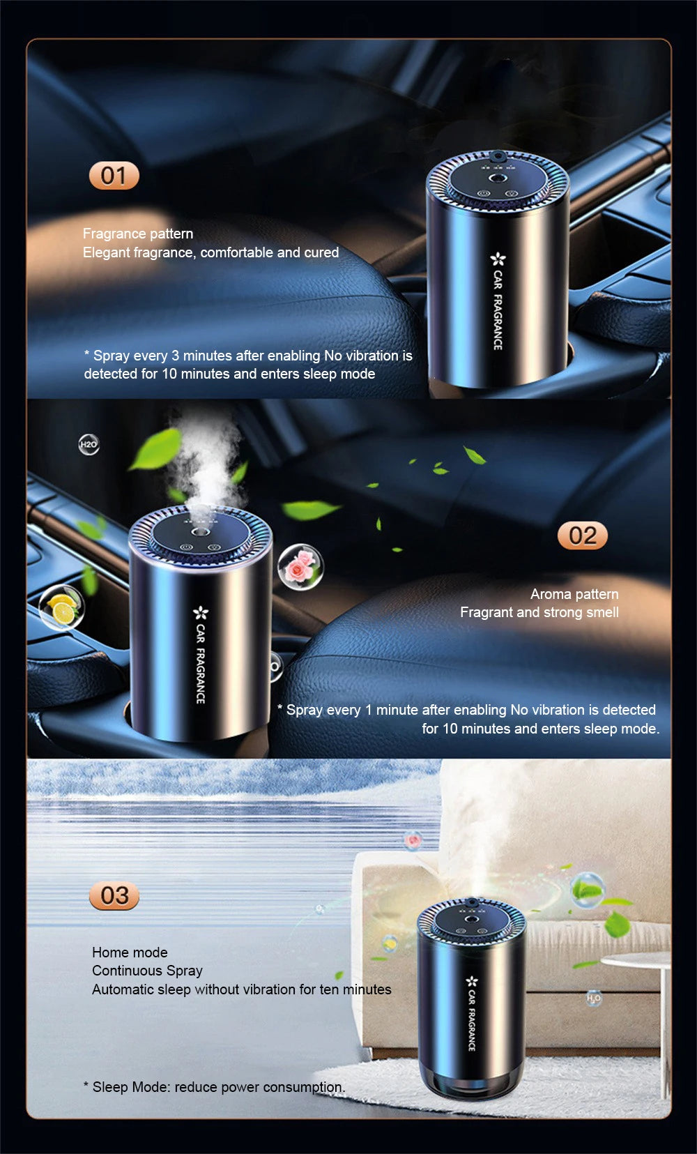 Car Air Freshener Essential Oil Fragrance Diffuser Smell Distributor USB Rechargeable Aromatherapy Scent Air Refresher LED Light