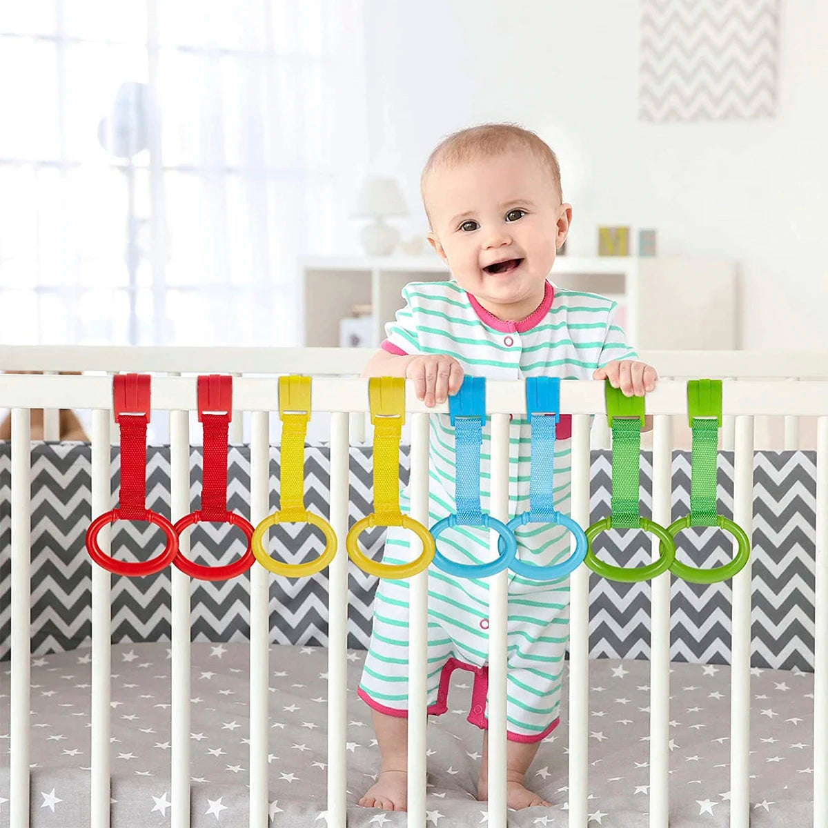 Baby Crib Pull up Rings Baby Walking Exercises Assistant Cot Hanging Rings Baby Bed Stand Up Rings for Playpen Play Gym