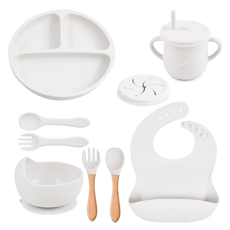 Mother Kids Baby Silicone Feeding Set Sucker Plate Antislip Bowl Spoon Cup Children Tableware Safe Non Toxic Dishwasher Safe