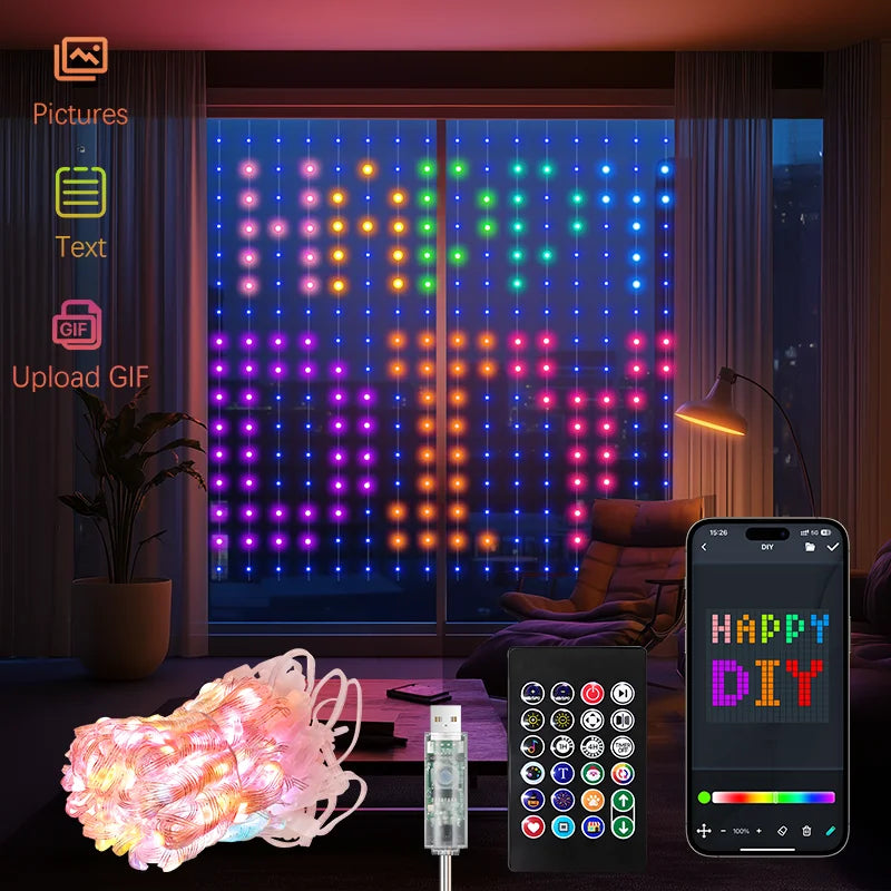 6.6x6.6FT Smart Curtain Lights 400LEDs Music Sync Dynamic DIY Dimmable USB Curtain Fairy String Lights Christmas Holiday Decor