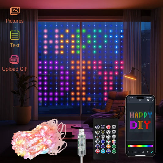 6.6x6.6FT Smart Curtain Lights 400LEDs Music Sync Dynamic DIY Dimmable USB Curtain Fairy String Lights Christmas Holiday Decor