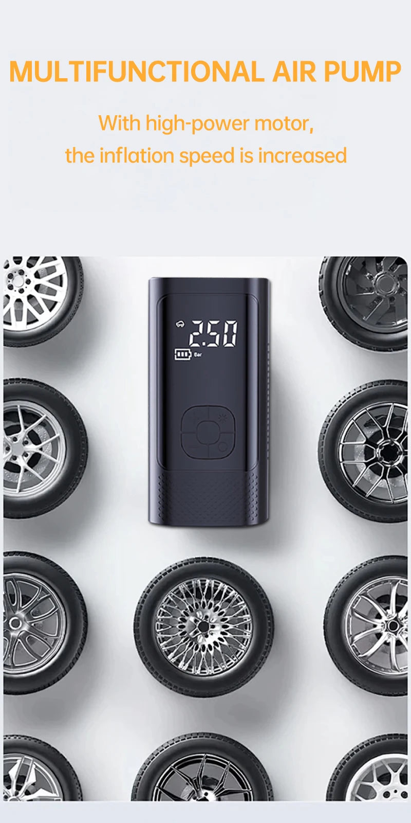 Inflatable Pump Portable Handheld 2 power supply modes and 4 preset air pressures Digital Display Car Motorcycle Tire