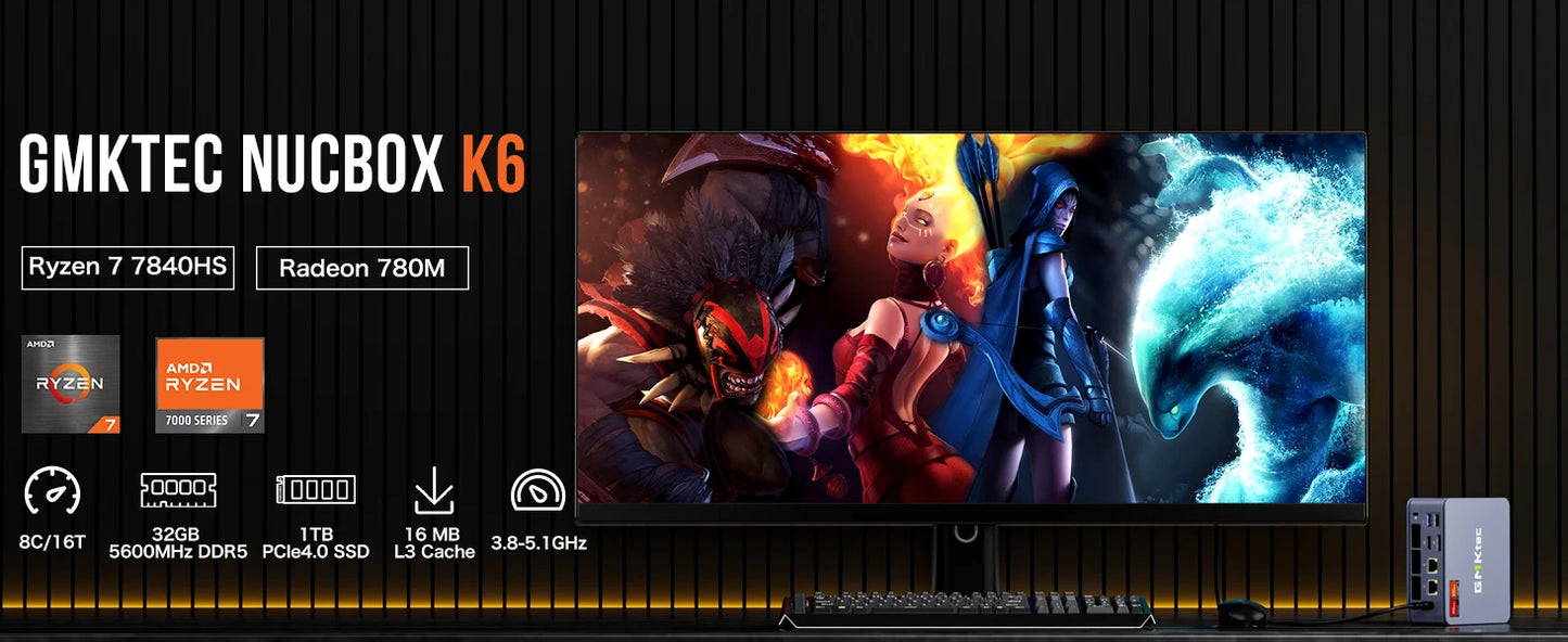 GMKtec K6 Mini PC AMD R7-7840HS 8C/16T 16GB DDR5 512GB PCIe 4.0 SSD Mini Desktop Computer Window 11 Pro WiFi 6E/BT5.2 Type-C