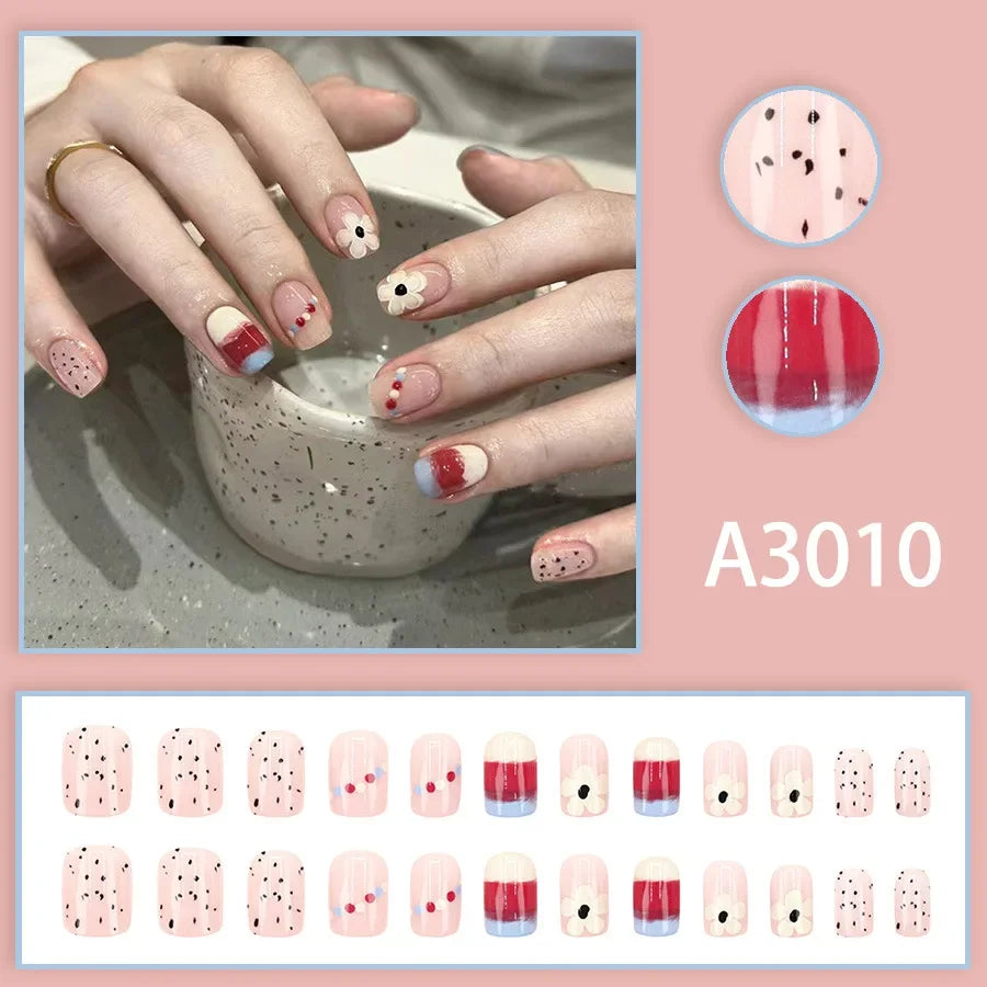 Watercolor Rose Fake Nail with Jelly sticker Press on False Nails Wearable Round Head Oval Full Cover Nail Tips