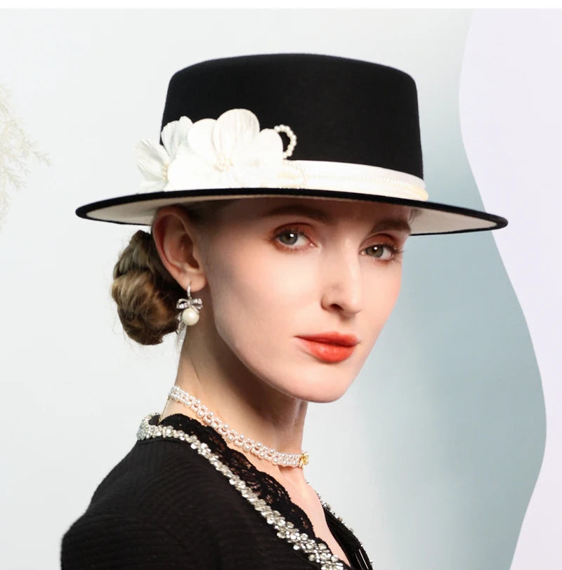 Women's Black/White Flat Top Wool Felt Fedora Hat with Flower Faux Pearl Detail Winter Dress Cap Stylish French Millinery