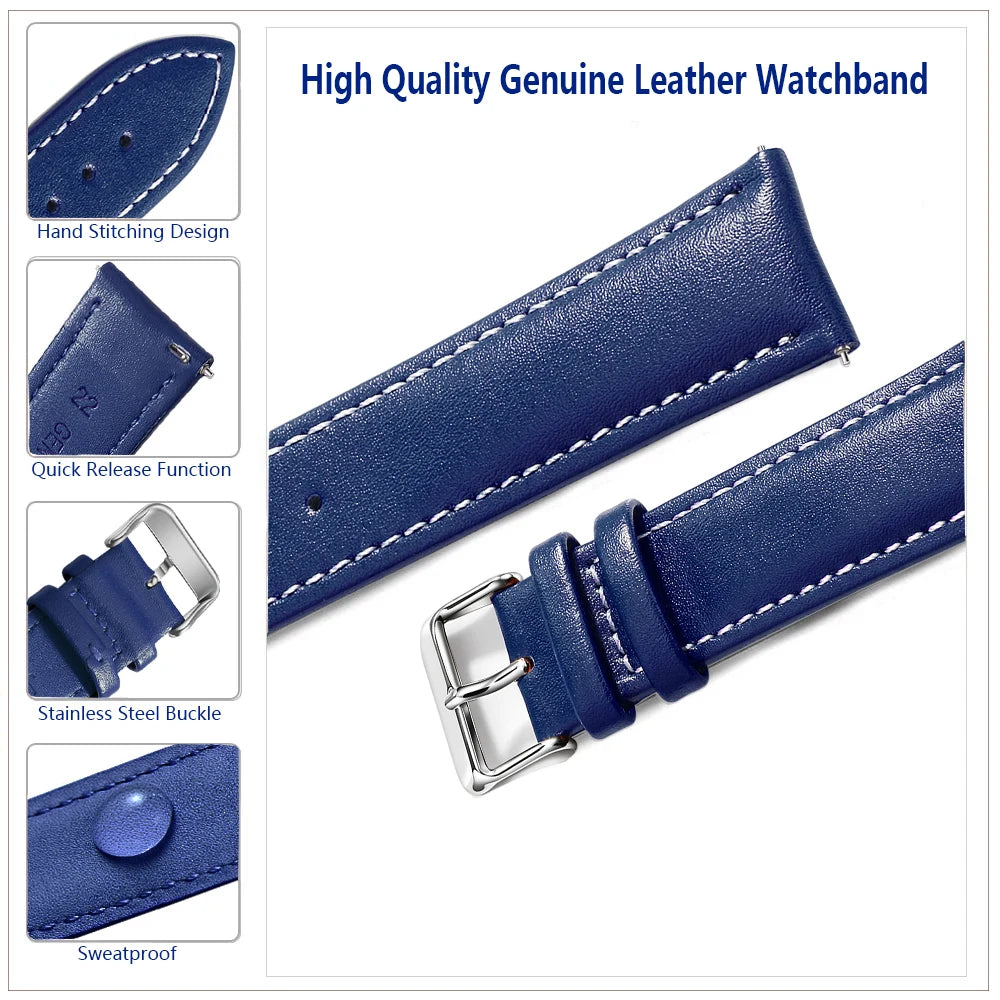 Top Grain Genuine Leather Watch Band, Quick Release 18mm/20mm/22mm Watch Straps, Fits Samsung Galaxy Watch, Garmin Huawei Watch