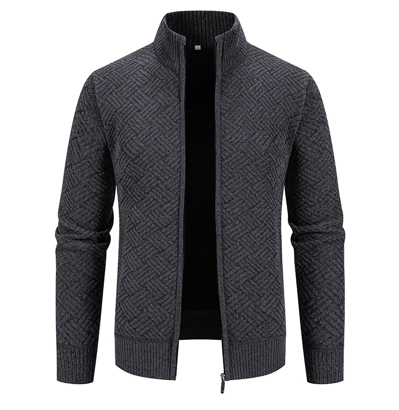 Mens Sweaters Jacket Full Zip Fleeced Sweater Cardigan Plaid Stand Collar Sweaters Coat Autumn Winter Homme Clothes