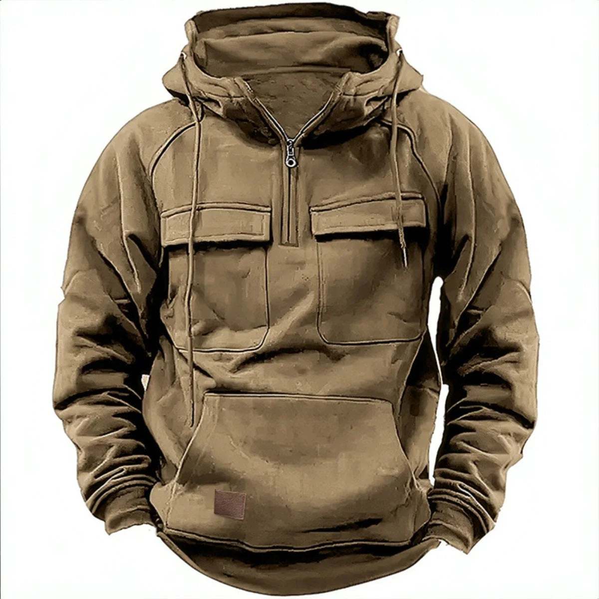 Fashionable Youth Men's Hoodie Solid Color Casual Autumn/Winter Pullover with Multi Pockets Patch Design