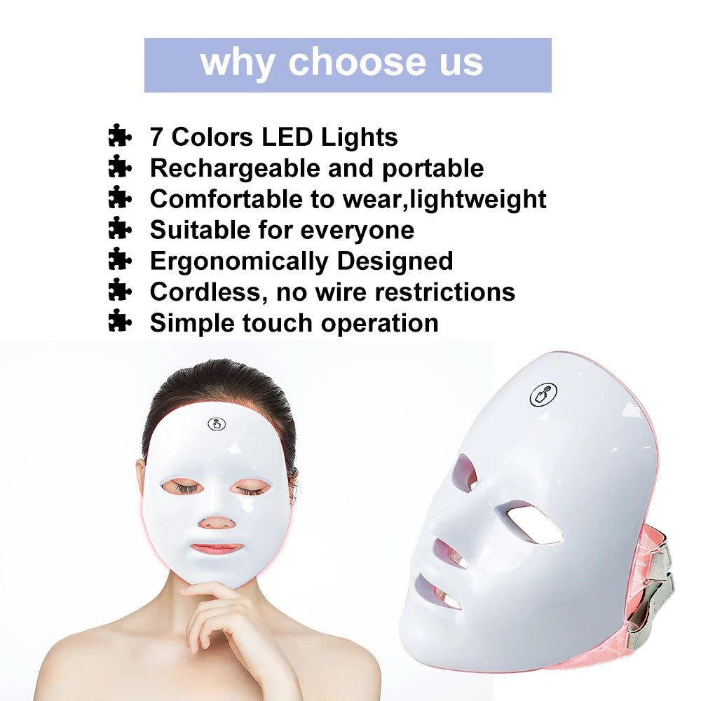 7 Colors LED Facial Mask Photon Therapy Face Skin Care Mask Anti Acne Therapy Skin Rejuvenation Wrinkle Removal Face Beauty Mask