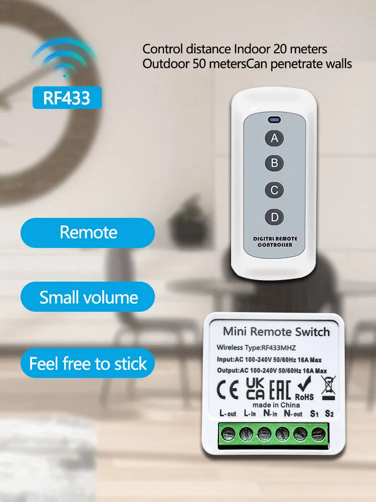 Smart Wireless Switch 433Mhz 16A 4Key RF Switch Module Remote Control AC 100V-240V Mini Relay Receiver Light Fan Garage Door