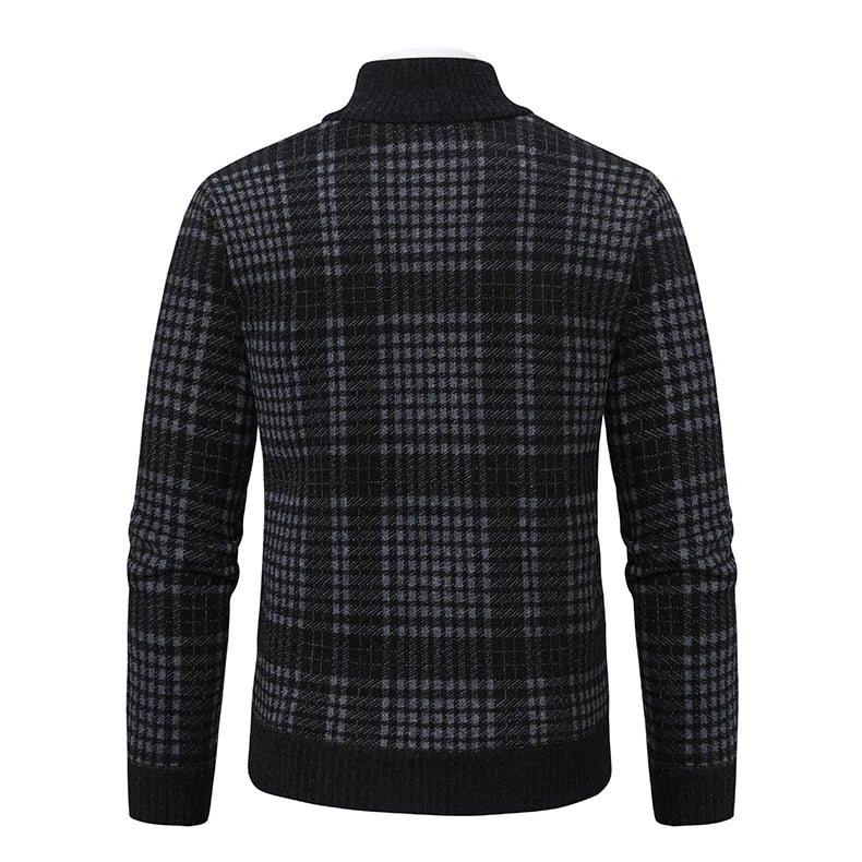 Mens Sweaters Jacket Full Zip Fleeced Sweater Cardigan Plaid Stand Collar Sweaters Coat Autumn Winter Homme Clothes