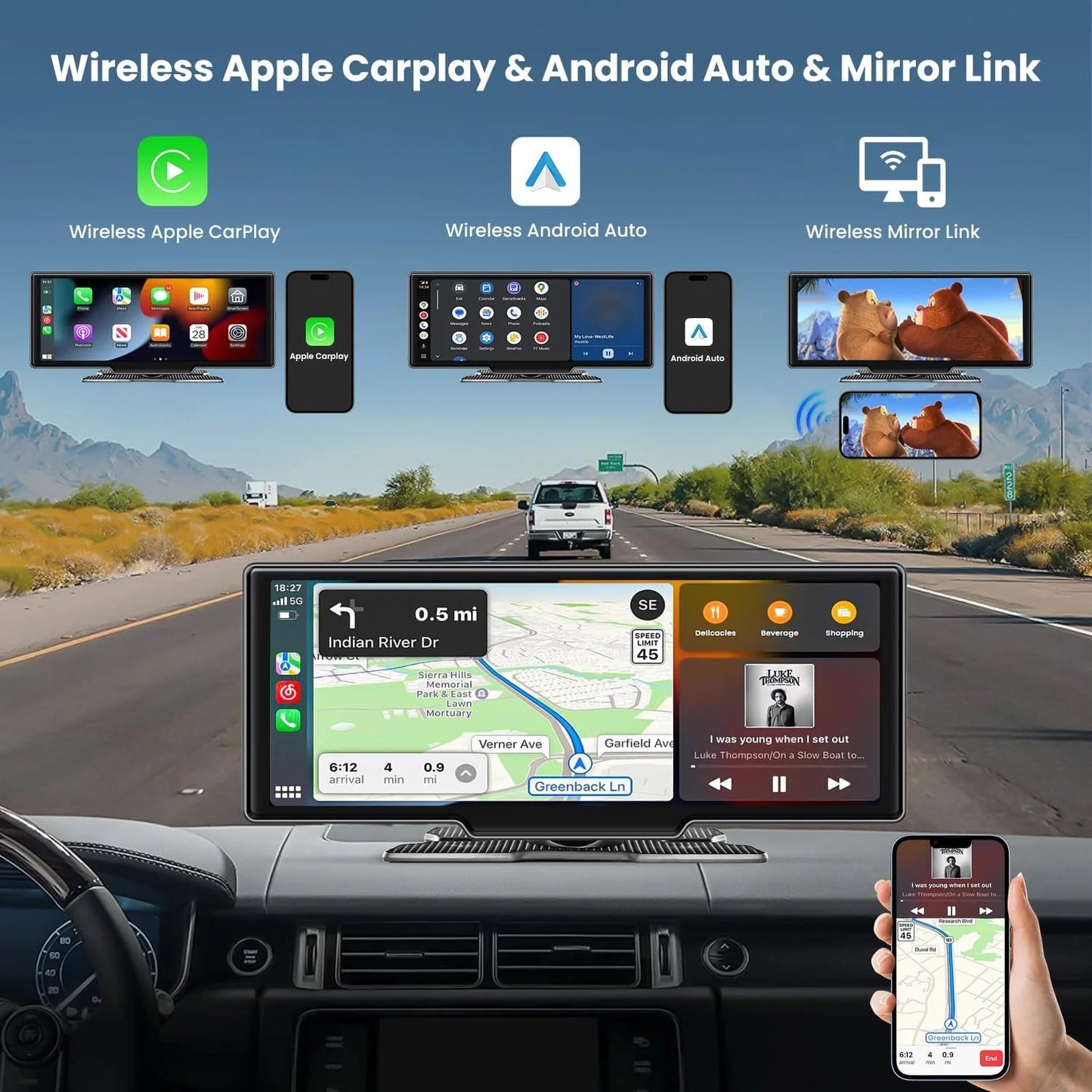 Jansite 10.26" 4K DVR Wireless CarPlay & Android Auto Dash Cam GPS Navigation 24h Park Monitor Night Vision Rear View Mirror