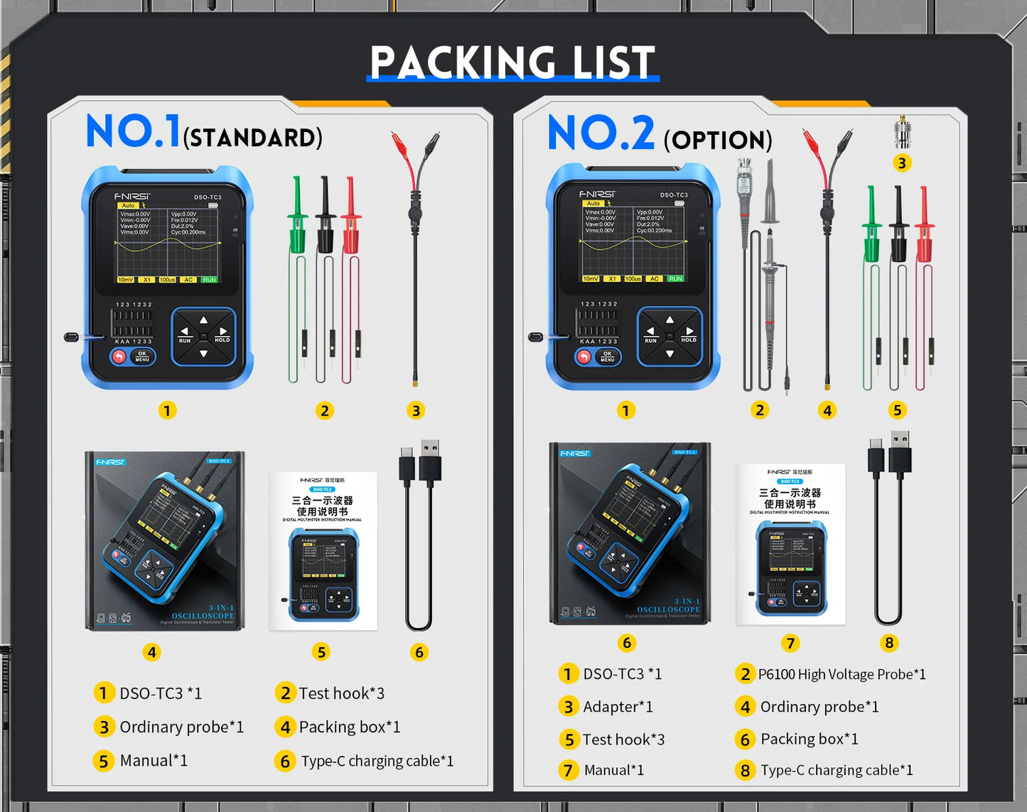 FNIRSI DSO-TC3 Handheld Digital Oscilloscope Transistor Tester 3-in-1 Support Diode Capacitance Voltage LCR Detect PWM Out