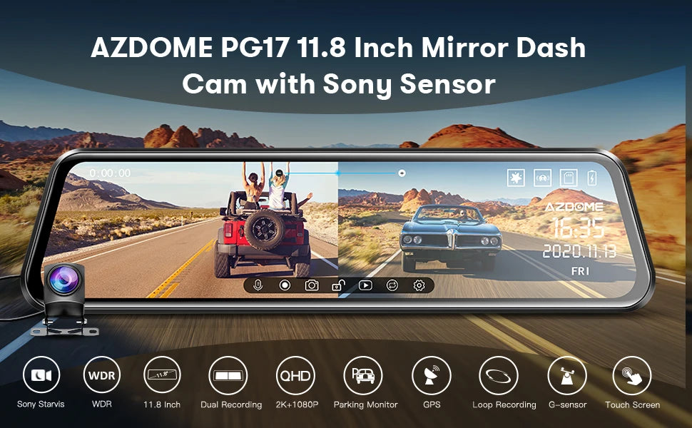 AZDOME PG17 12" WiFi Mirror Dash Cam 2.5K Front and 1080P Rear View Mirror Camera for Cars Dual Camera Waterproof Backup Camera