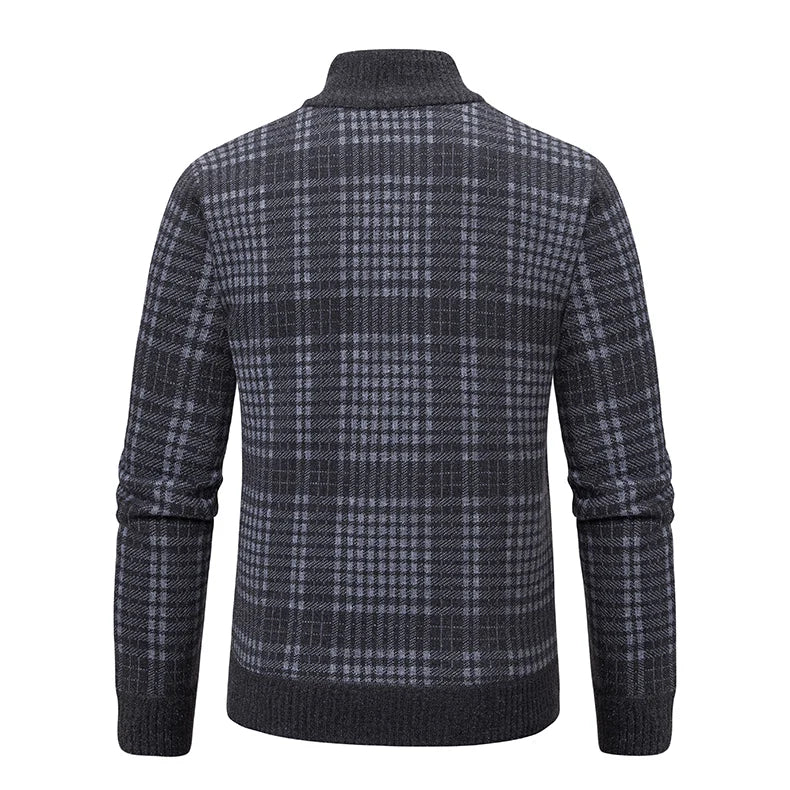 Mens Sweaters Jacket Full Zip Fleeced Sweater Cardigan Plaid Stand Collar Sweaters Coat Autumn Winter Homme Clothes