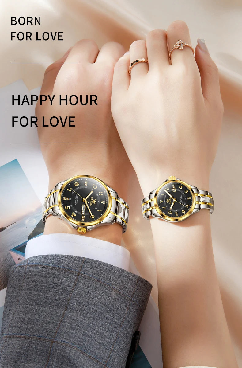 OLEVS 2910 Luxury Men Women Couple Watch Dual Calendar Display Waterproof Stainless Steel Clock Gold Diamond Couple Quartz Watch