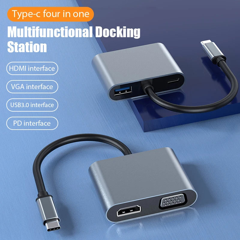 USB C Hub 4 in 1 Type C 3.0 Adapter to 4K HDMI HDTV VGA USB 3.0 PD Fast Charge Splitter for MacBook Notebook Laptop Computer