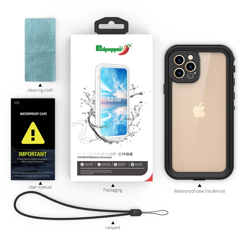IP68 Waterproof For IPhone 16 15 14 13 12 11 Pro Max XS XR 7 8 Case RedPepper Clear Cover Diving Underwater Swim Outdoor Sports