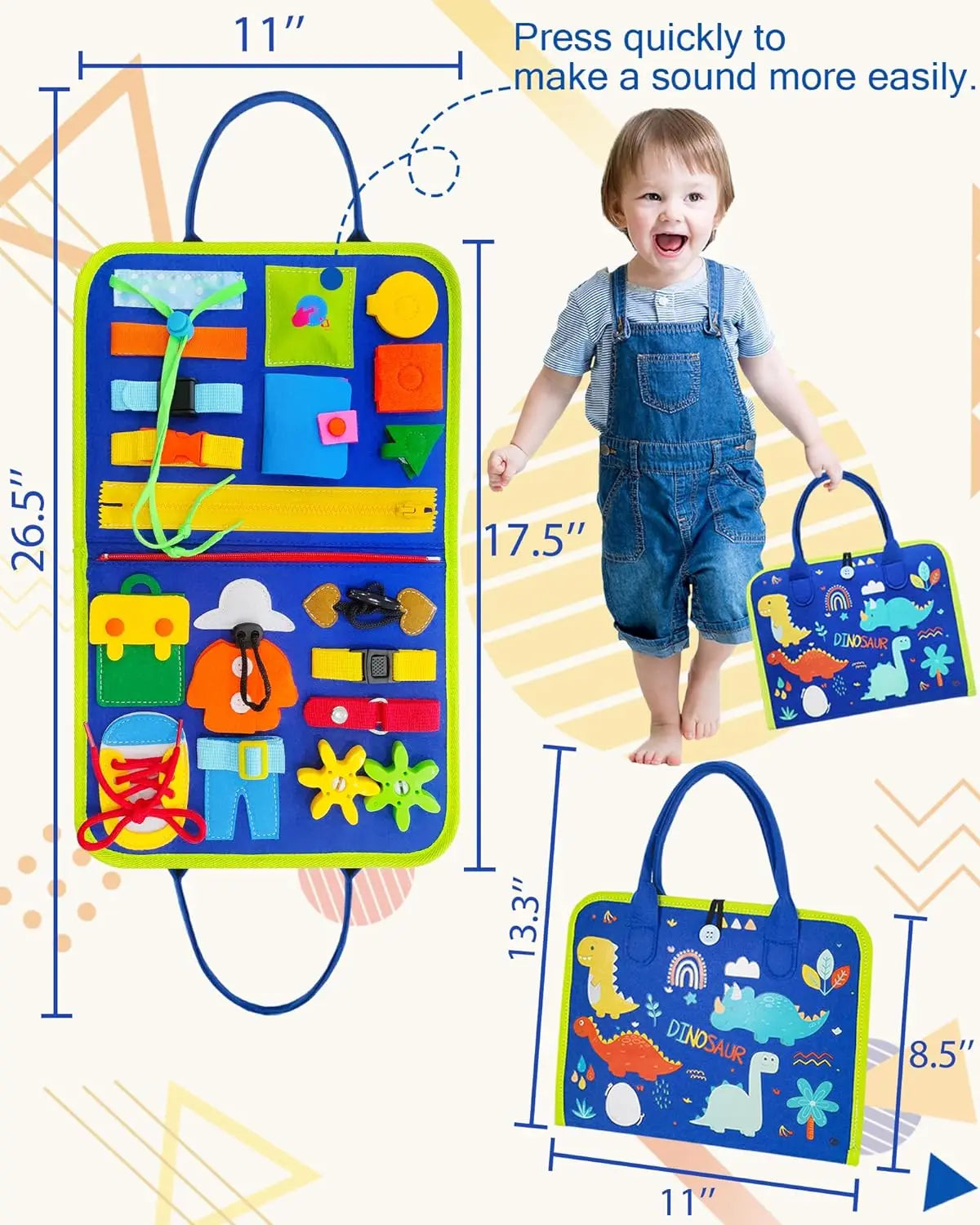 Toddler Busy Board Montessori Toys Learning Educational Activities Travel Toy Dinosaur Dress up  Sensory Life Skill Backpack