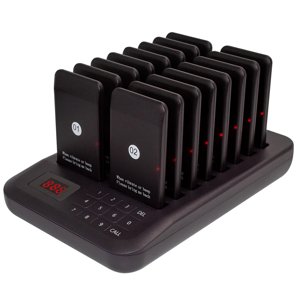 Wireless Calling System Buzzer Restaurant 16 Pager Receiver Vibration 4 Modes With 1 Keypad Transmitter Guest Paging Coaster