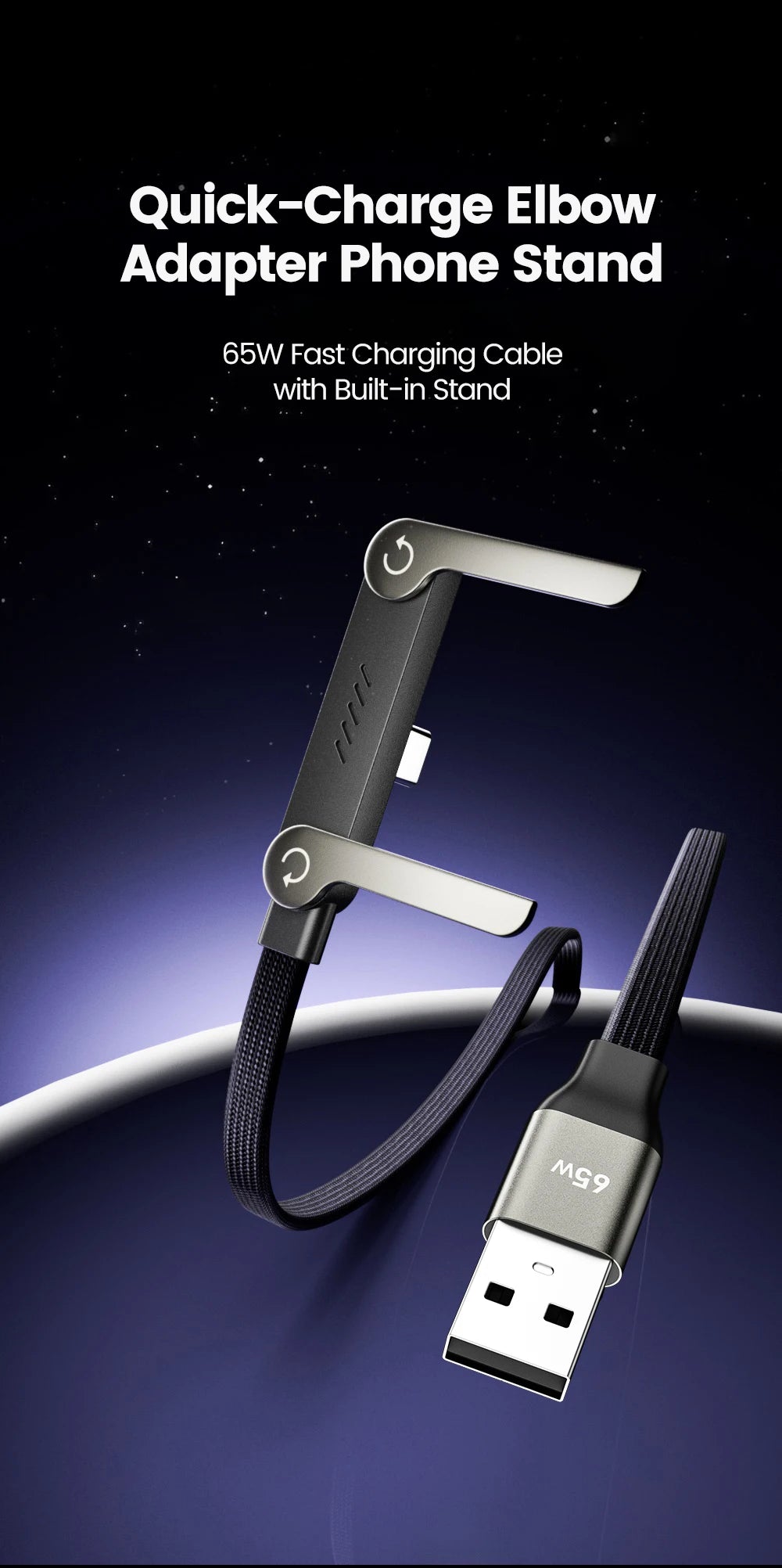 65W 2 in 1 USB A To USB C Fast Charging Foldable Phone Holder Data Cable USB Type C Builtin Desk Bracket Wire For Huawei Samsung