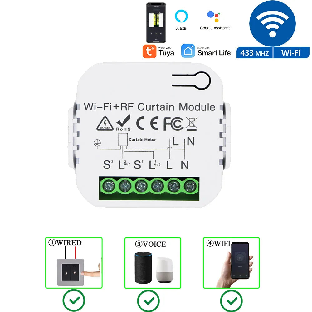 Tuya WiFi RF Smart Curtain Switch Smart Life Wireless Roller Shutter Remote Controller 110V 220V Timing Module,for Google/Alexa