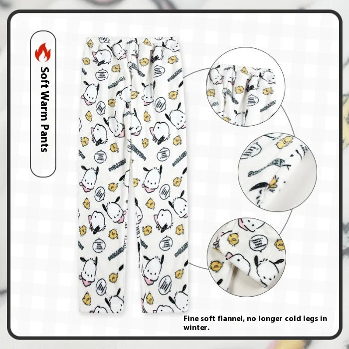 Miniso Hello Kitty Kuromi Sleeper Pants With Flannel Thick Fleece For Warmth Casual Cute Cartoon Pattern Girl Christmas Clothing
