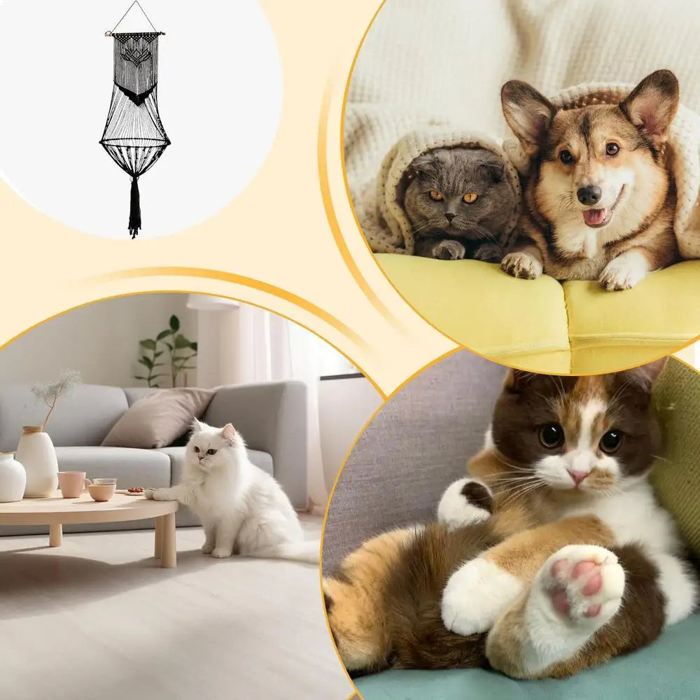 Boho Cat Swing Bed Hand-Woven Bohemia Cat Bed Kitten Hammock Bed Space-Saving Swing Bed For Home Living Rooms Balcony Bedrooms