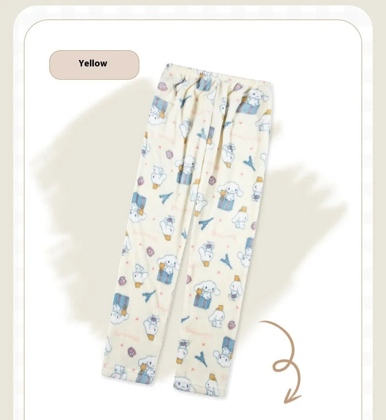 Miniso Hello Kitty Kuromi Sleeper Pants With Flannel Thick Fleece For Warmth Casual Cute Cartoon Pattern Girl Christmas Clothing