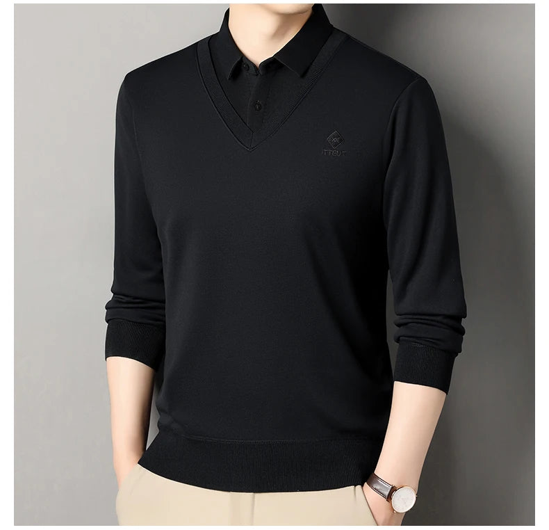Men's Winter Sweater Velvet Pullover Solid Color Slim Fit Elegant Luxury Brand Knitwear Fake Two Pieces Knitted Sweaters