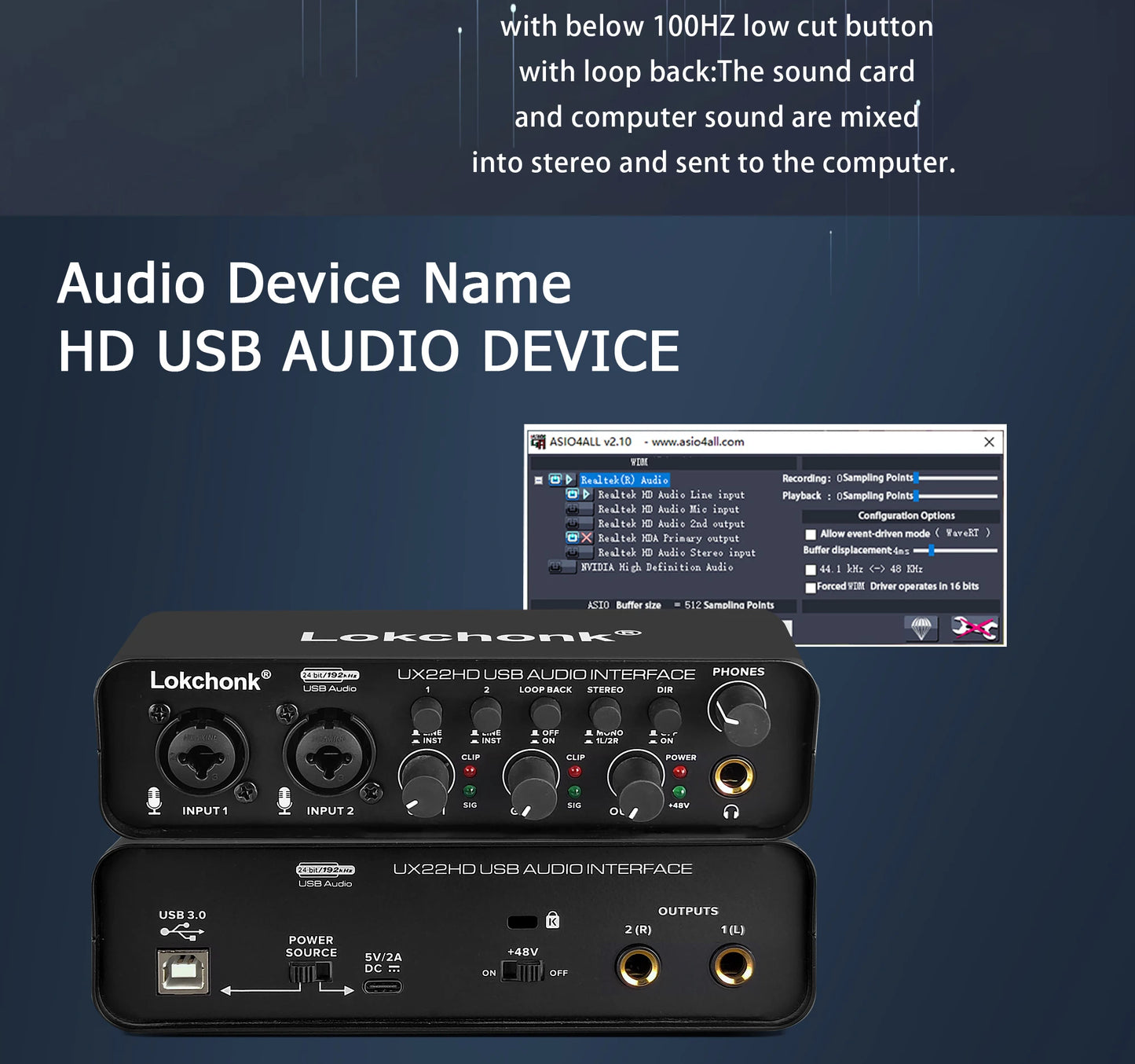 UX22 Audio Interface Soundkarte 24-Bit/192kHz Ad Converter, E-Gitarre Live-Aufnahme Profession Eller Studio-Gesang, Podcast