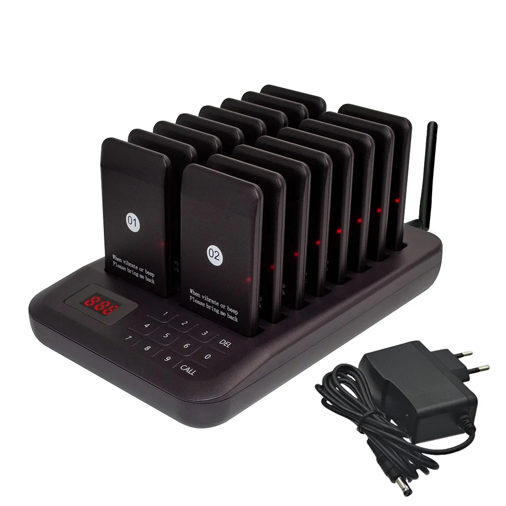 Wireless Calling System Buzzer Restaurant 16 Pager Receiver Vibration 4 Modes With 1 Keypad Transmitter Guest Paging Coaster