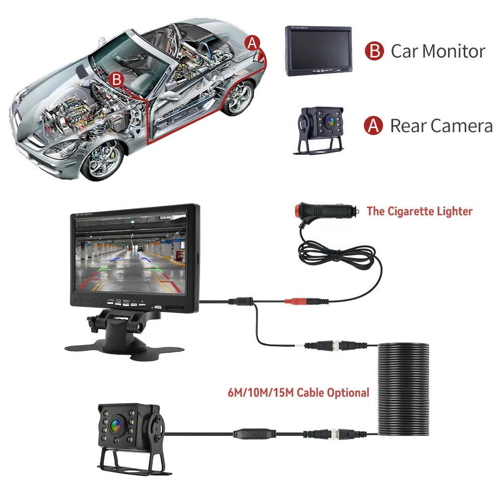 Parking Universal Car Rear View Camera with Monitor For Truck Bus 7 HD Screen 1024*600 Assistance Waterproof Security
