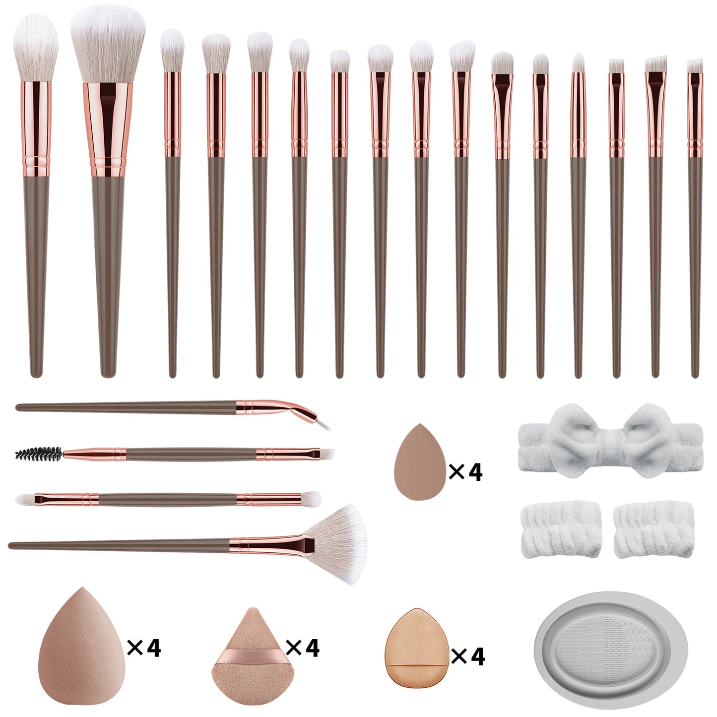 40-piece makeup tool set - 20-piece makeup tools + 16-piece powder puff set + dishwashing, hairband and wristband